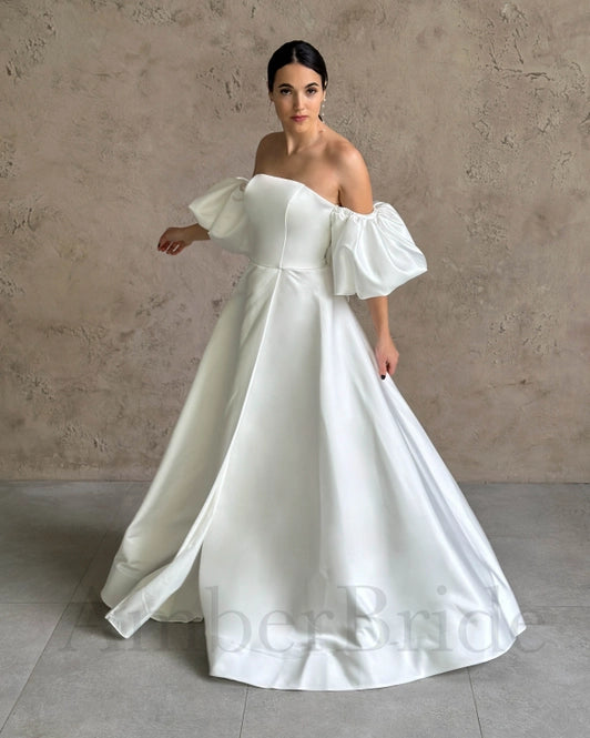 A-Line Satin Wedding Gown with Strapless Corset Bodice and Puffed Sleeves
