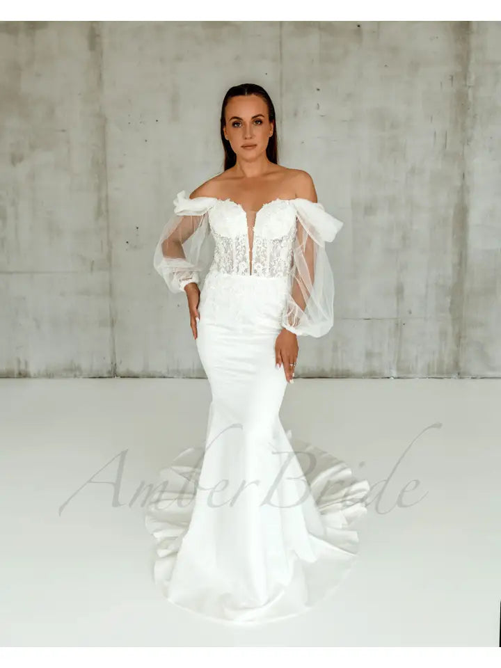 Model wearing Long Puffy Sleeve Rustic Mermaid Satin Dress.