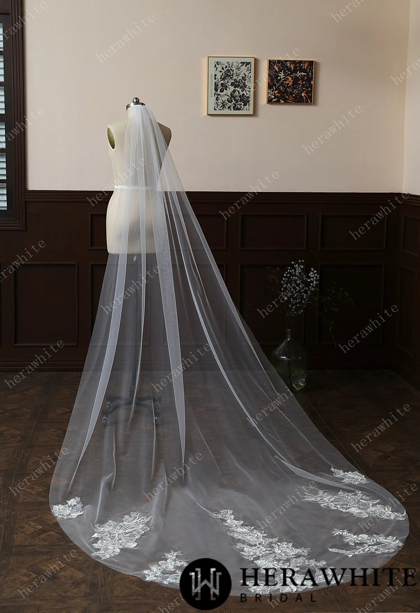 Cathedral-Length Whimsical Lace Bridal Veil With Vintage-Vibes