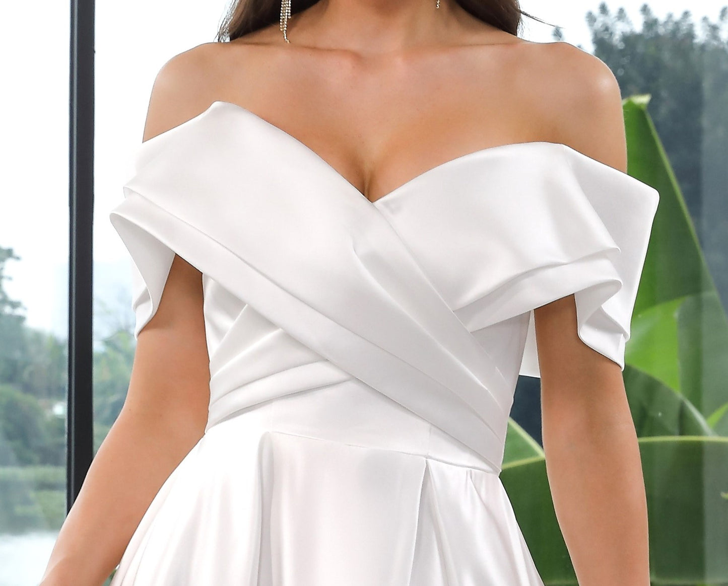 Beautiful Satin A-line Wedding Gown with Bateau Neckline