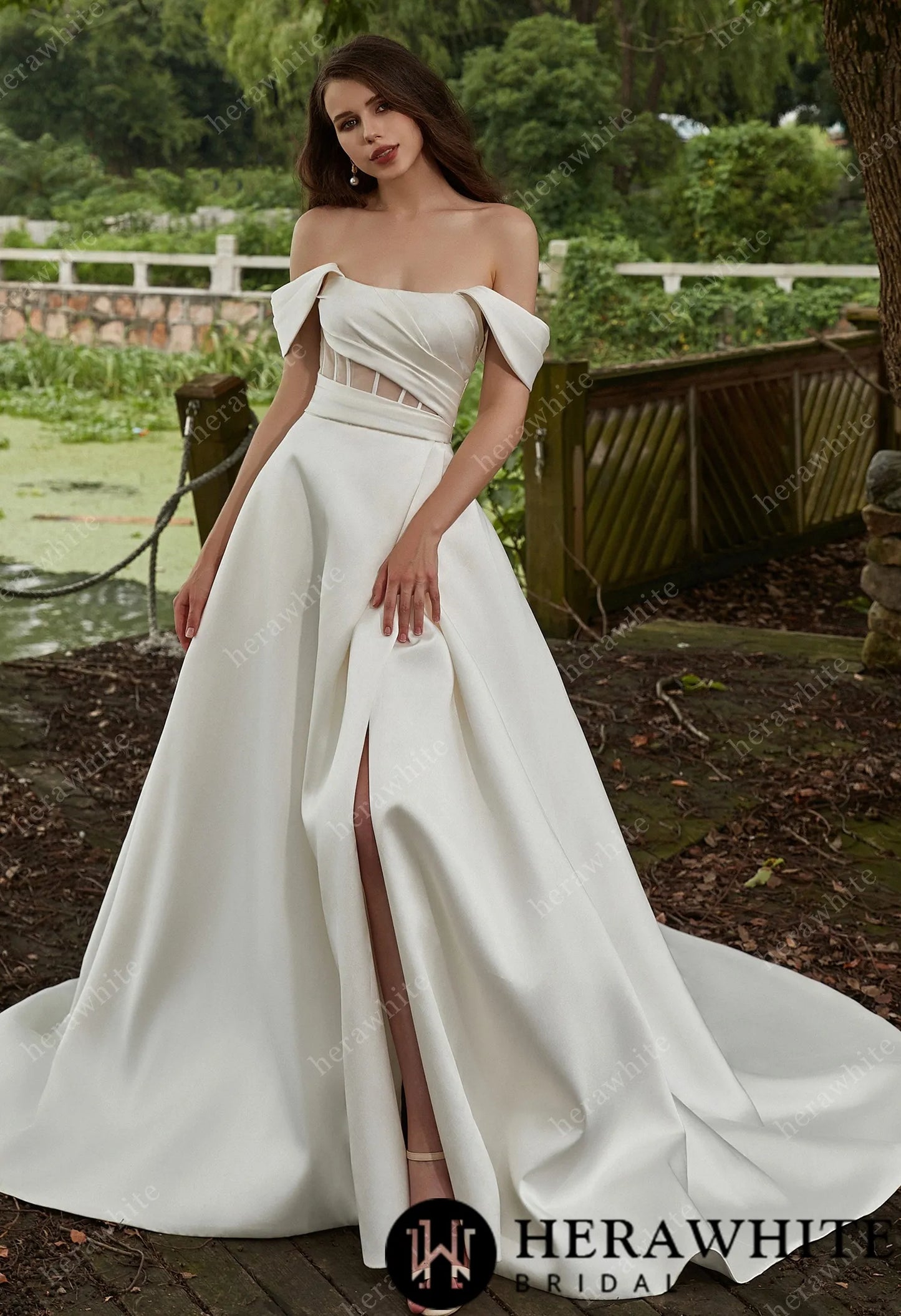 Modern Off Shoulder Grace Slit And Strapless Mikado Wedding Gown