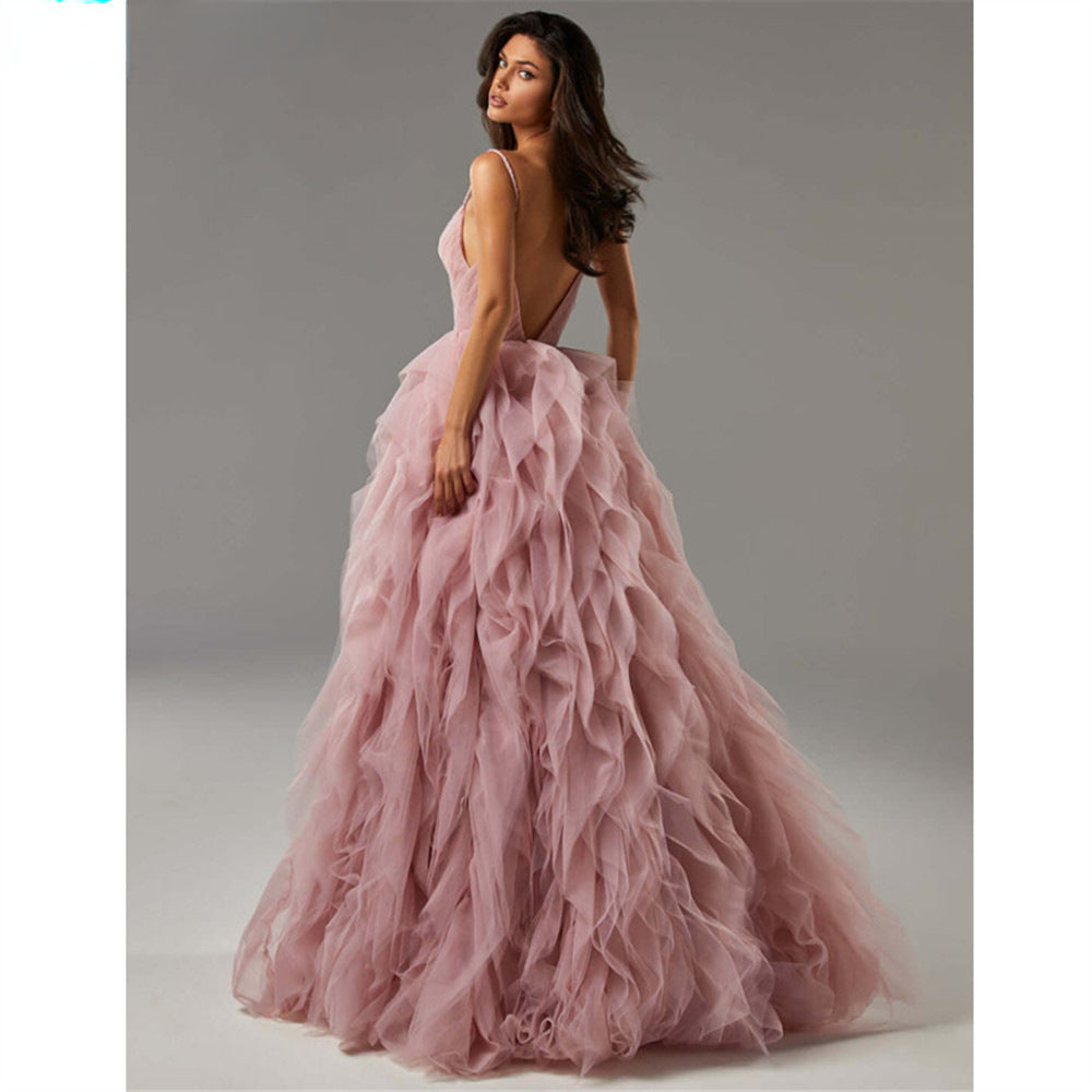 Spaghetti-strap Flowing Mesh Long Evening Gown