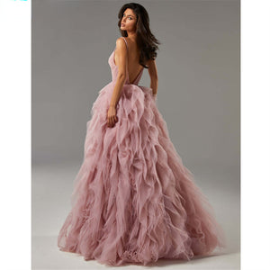 Spaghetti-strap Flowing Mesh Long Evening Gown