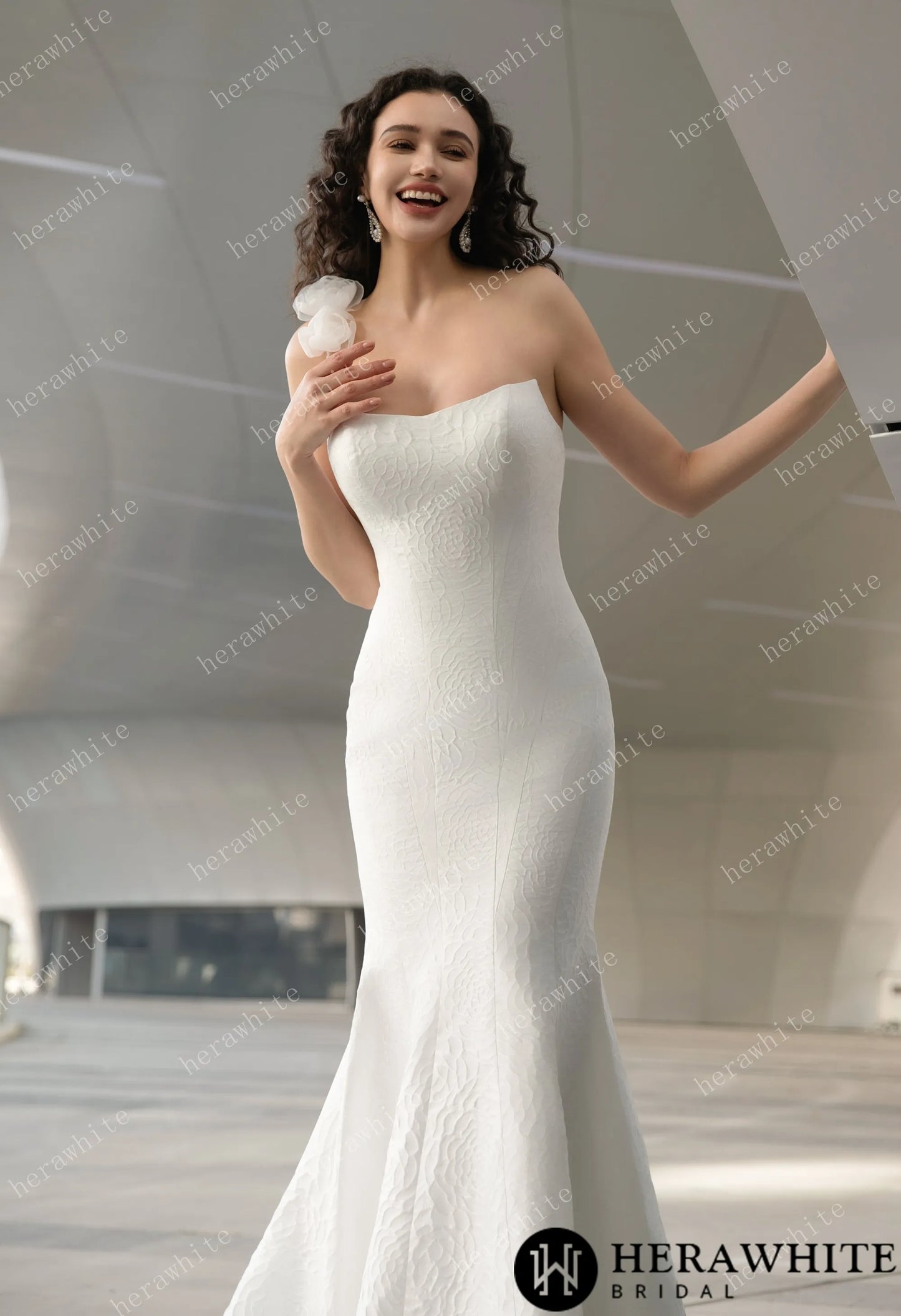 The Georgianna -Jacquard satin mermaid wedding gown with single straps with tulle flowers
