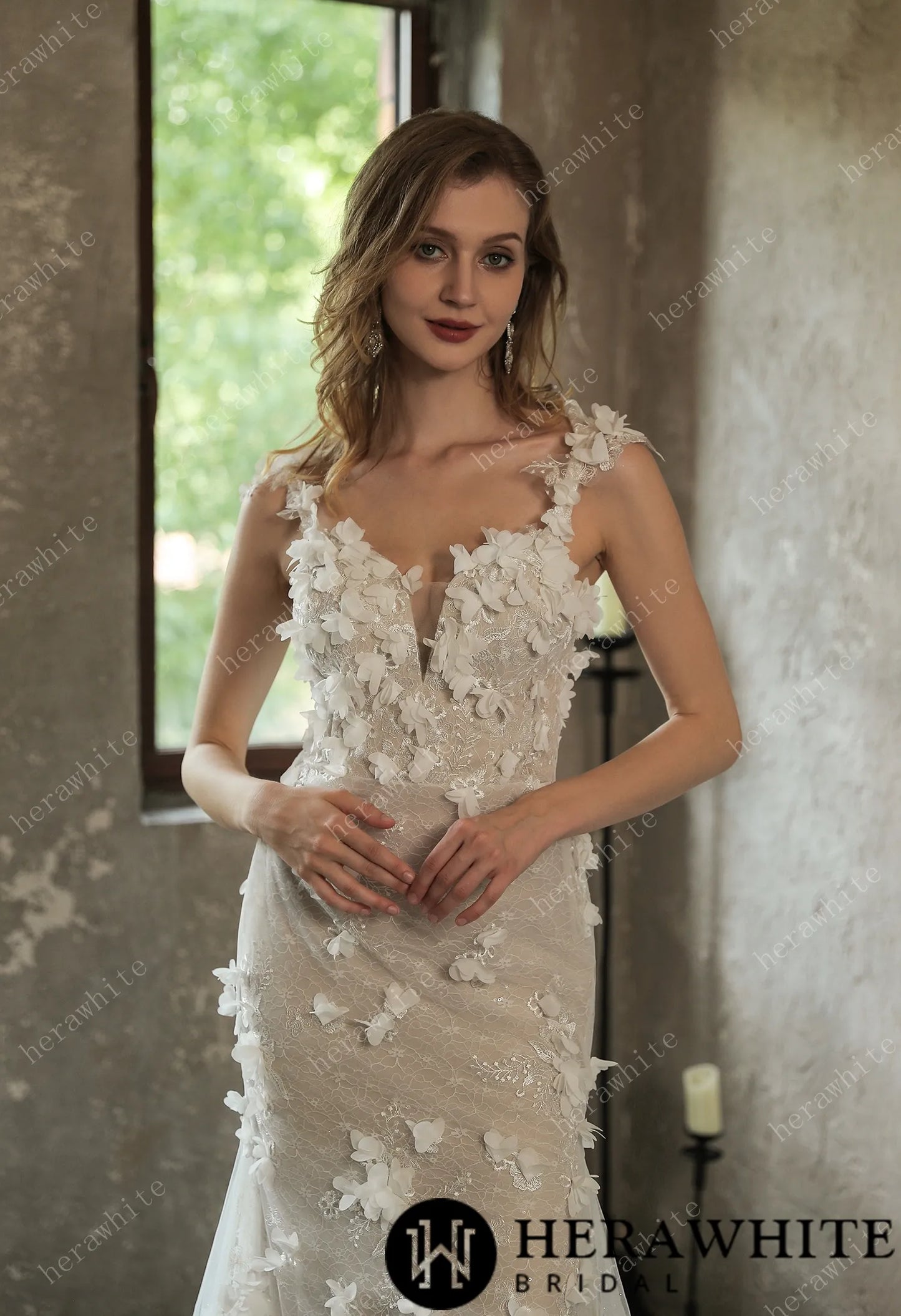 Stunning 3D Petal Lace Sparkly Tulle Wedding Dress