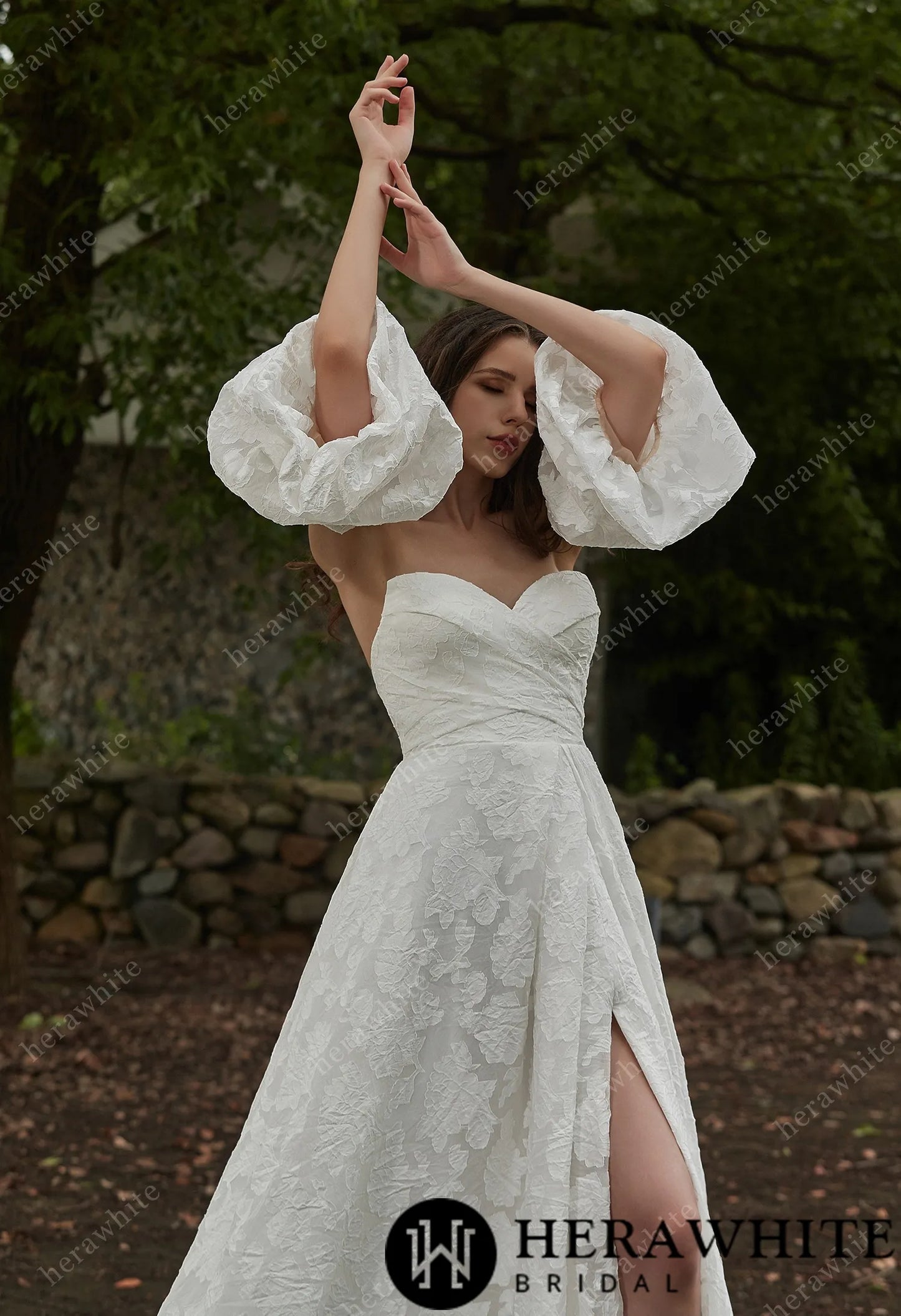 Jacquard Organza Puff Sleeves Grace Slit And Sweetheart Wedding Dress