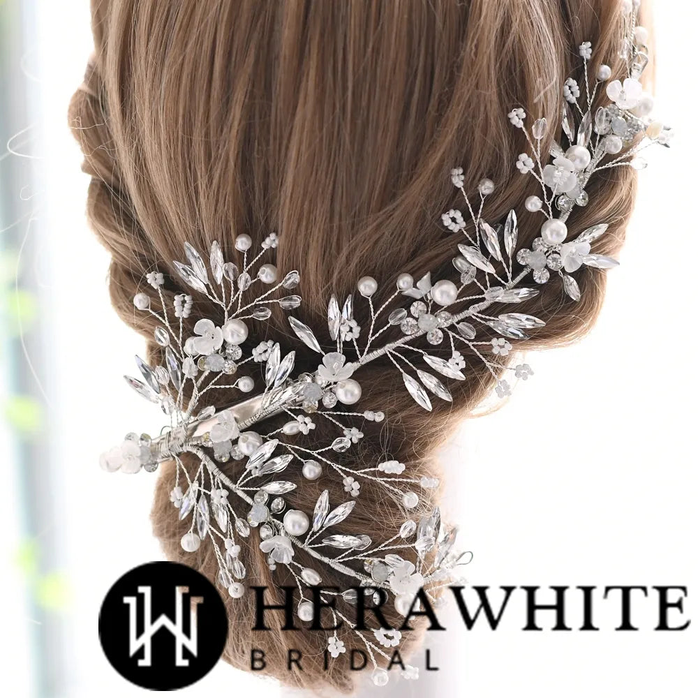 Elaborate Flower Bead and Pearls Bridal Hair Clip