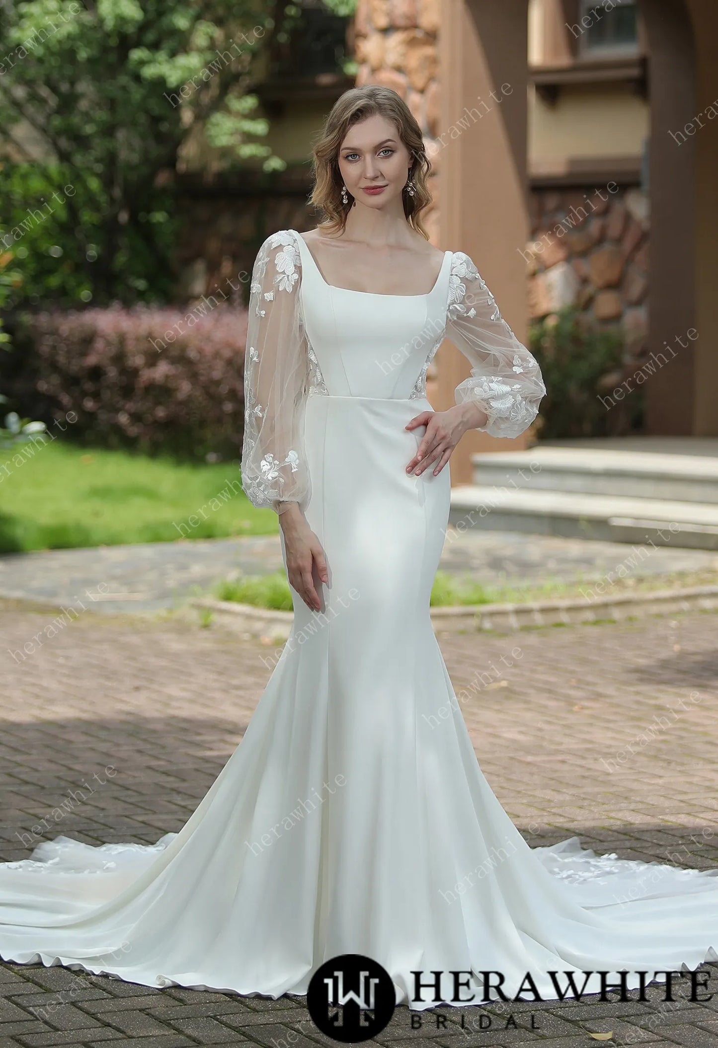 Square Neck Crepe Fit And Flare Tulle Detachable Sleeves Wedding Dress