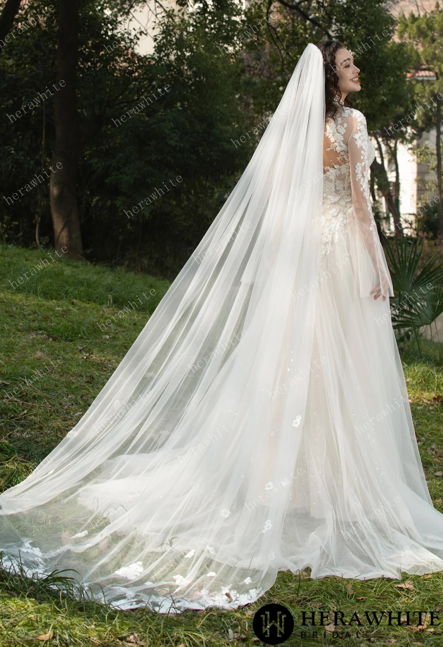 Cathedral Length Floral Lace Sequin Embroidered Wedding Veil Veil