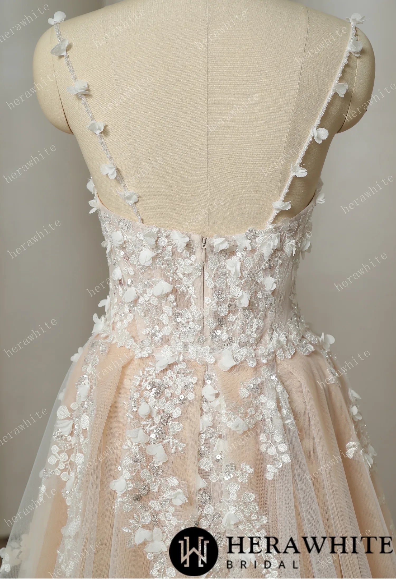 Delicately Embroidered 3D Flowers Wedding Dress With Voluminous Overskirt