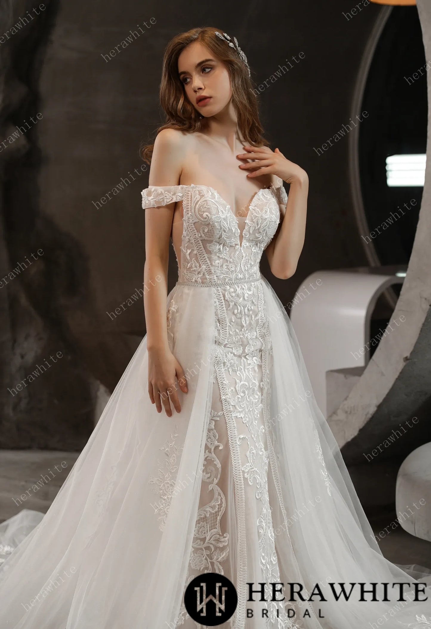 Gorgeous Lace Fit and Flare Bridal Gown with Detachable Train