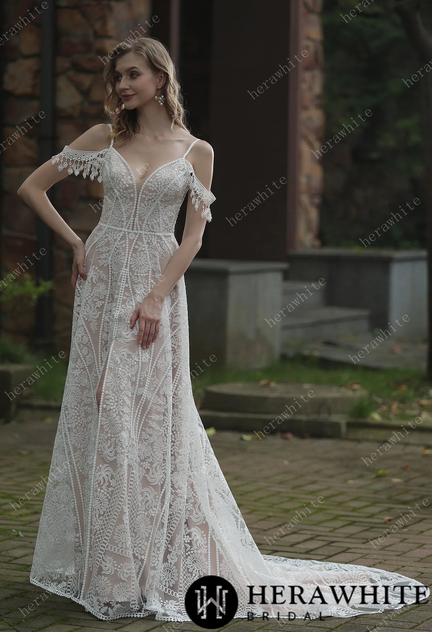 Beach Bohemian Lace Wedding Dress With Plunging V-Neckline