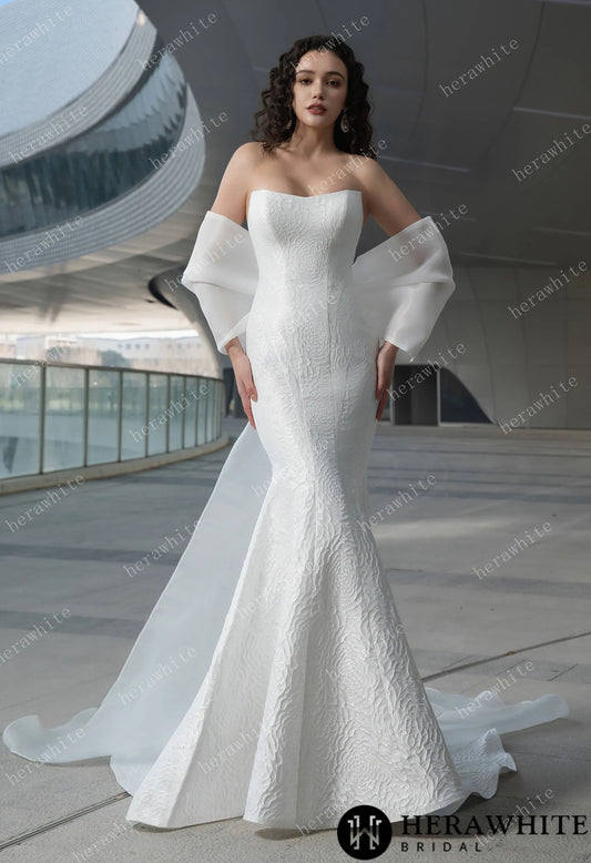 The Georgianna - Jacquard satin mermaid wedding gown with detachable bow