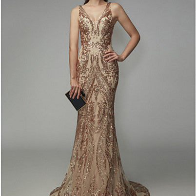 Gold Sequin Ladies Formal Evening Gown