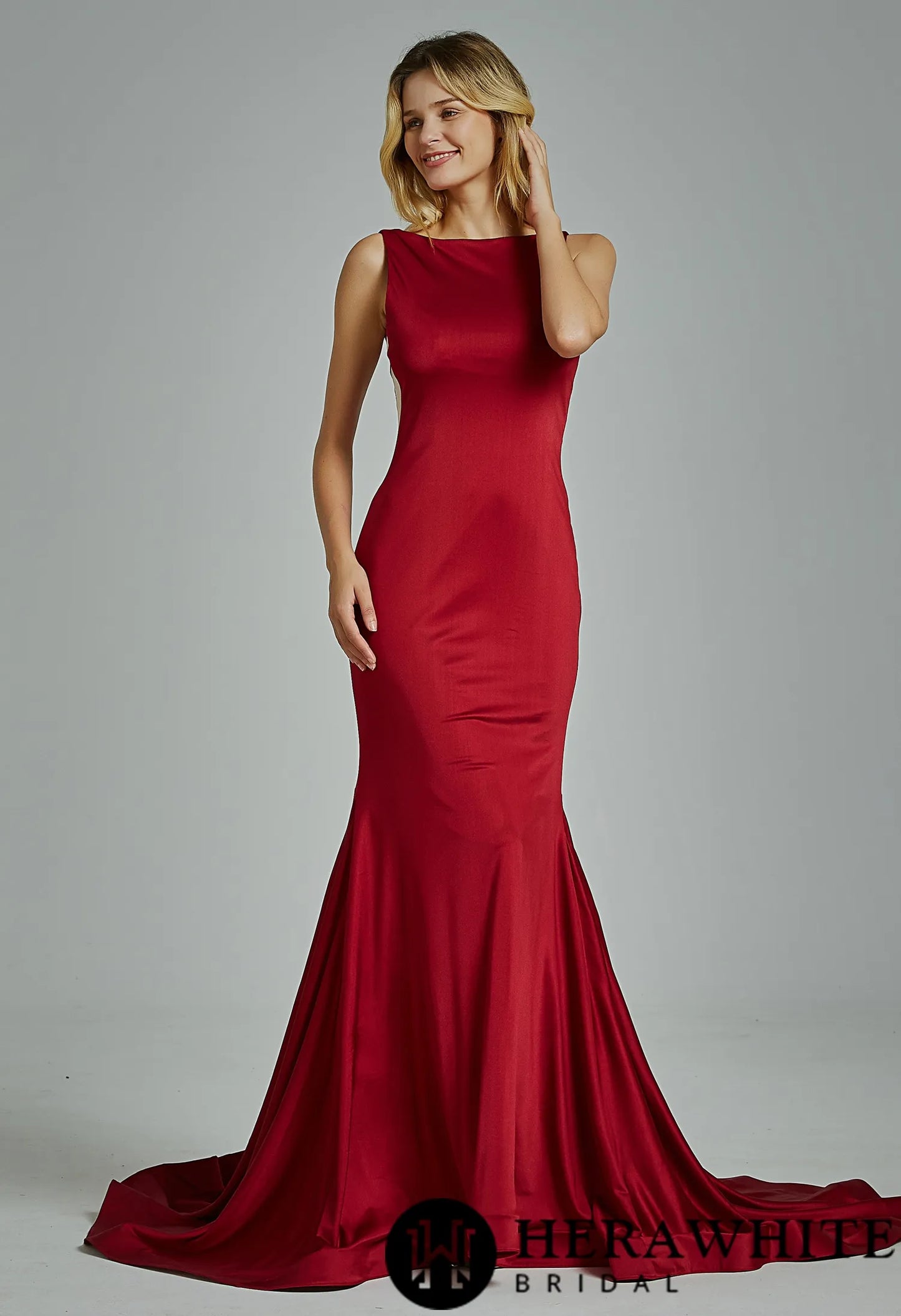 Fitted Bateau Neckline Bridesmaid Dress with Plunging V-Back (Plus Size)