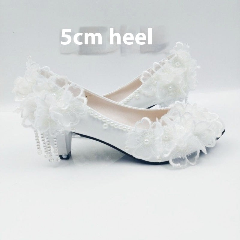 Lace and Flower Rhinestone Tassel High-heeled Bridal Shoes