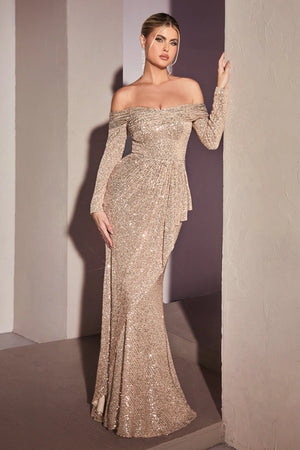 Sequin Off the Shoulder Long Sleeve Gown By Ladivine