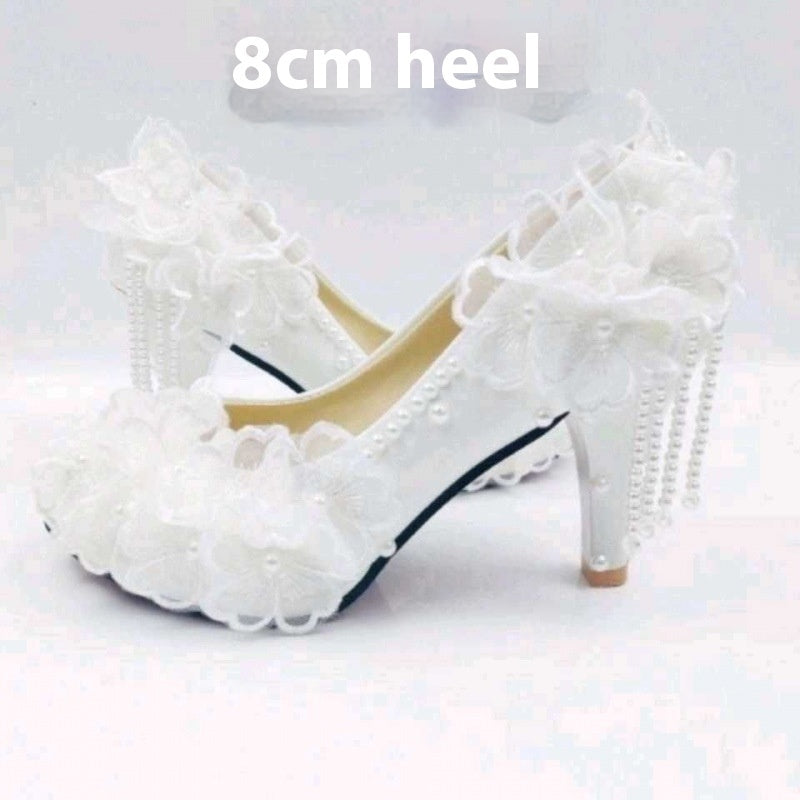 Lace and Flower Rhinestone Tassel High-heeled Bridal Shoes