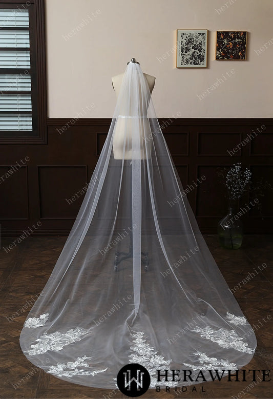 Cathedral-Length Whimsical Lace Bridal Veil With Vintage-Vibes