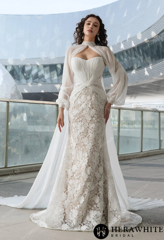Bride wearing the Ruth- Pleated Mermaid Wedding Dress with Sheer Cape