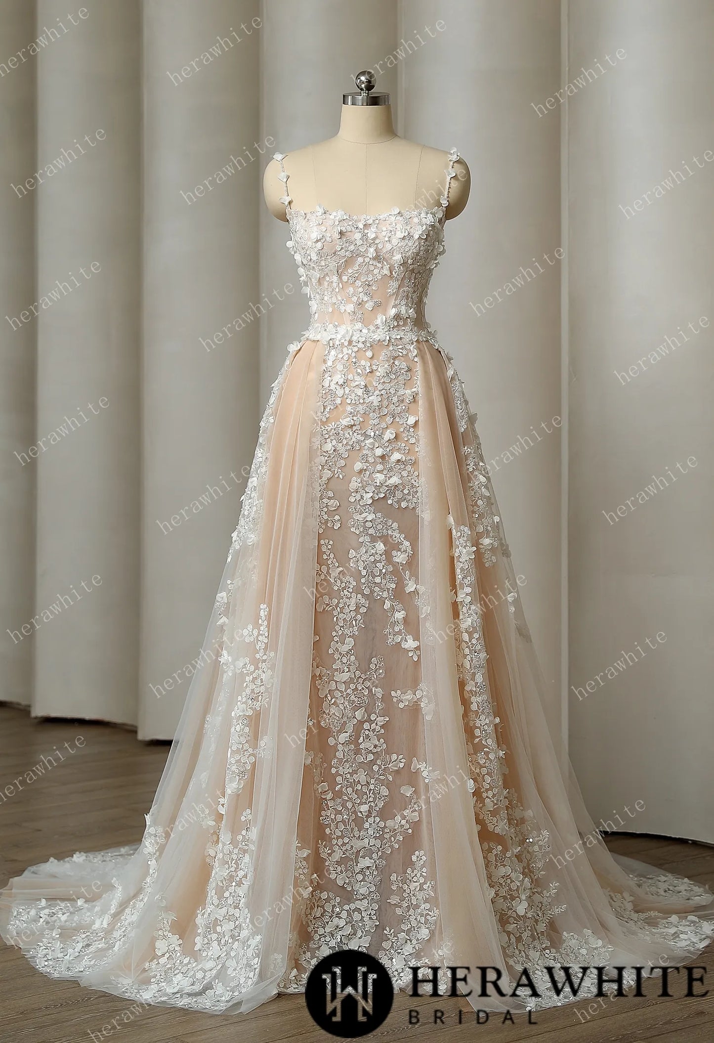 Delicately Embroidered 3D Flowers Wedding Dress With Voluminous Overskirt