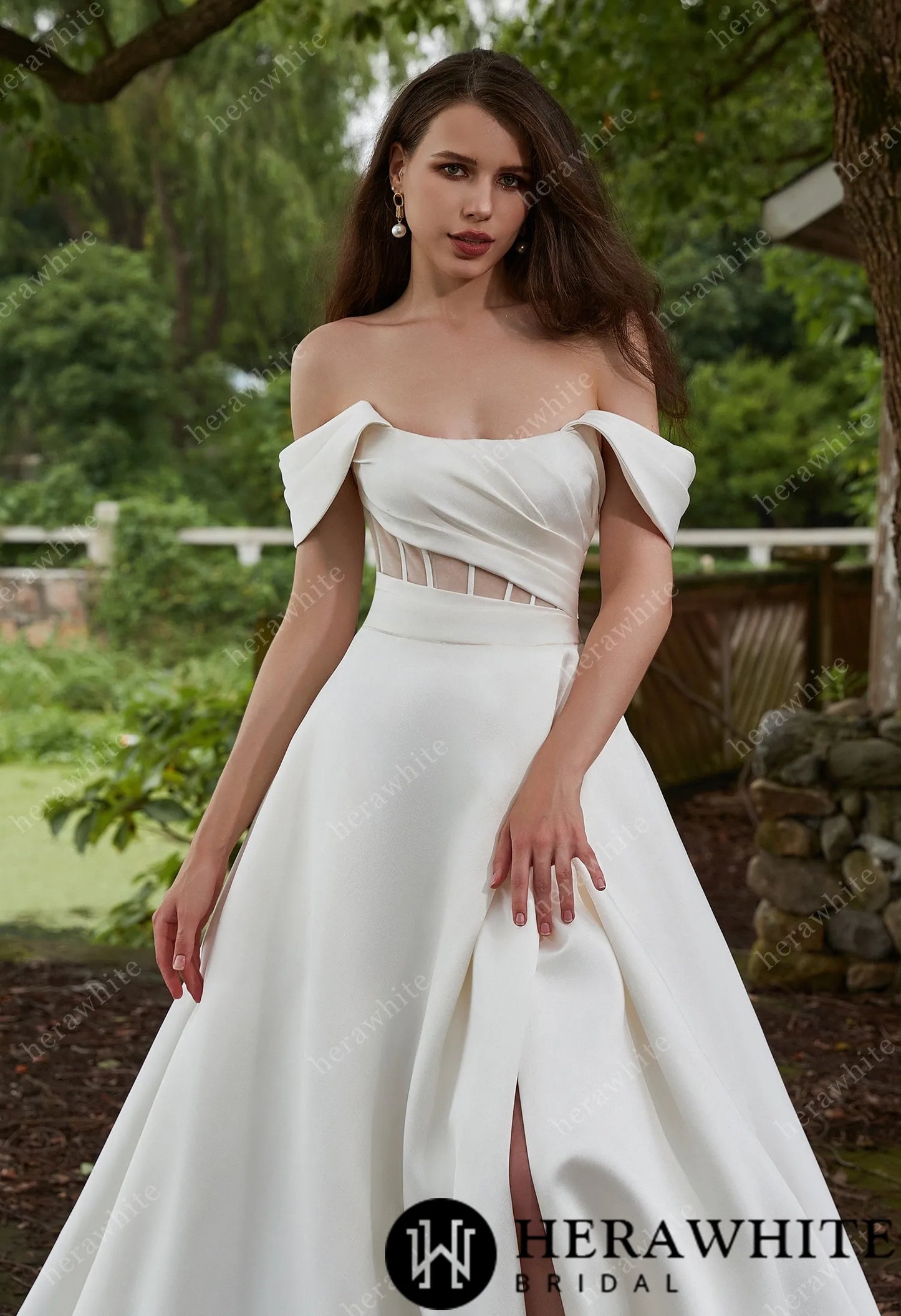 Modern Off Shoulder Grace Slit And Strapless Mikado Wedding Gown