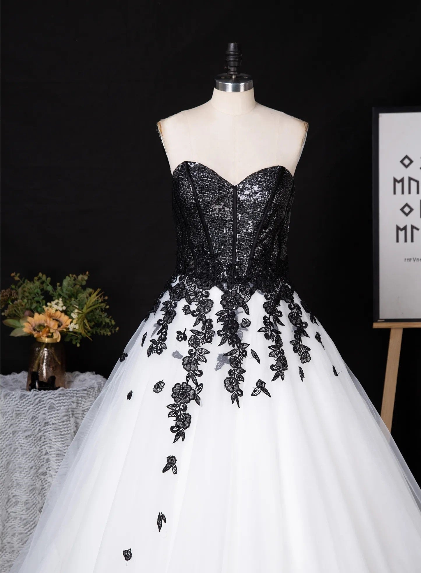 Sweetheart Sequin Ballgown With Black Floral Motifs