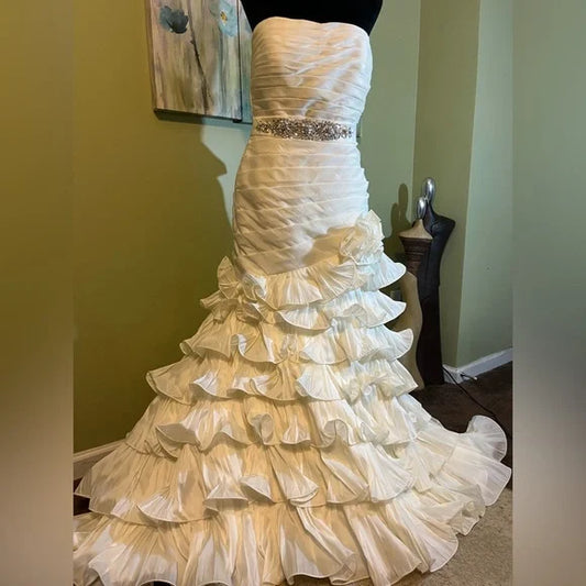 Clearance Sale: Soft Taffeta Mermaid Wedding Gown with Whimsical Layered Skirt and Faux Buttons