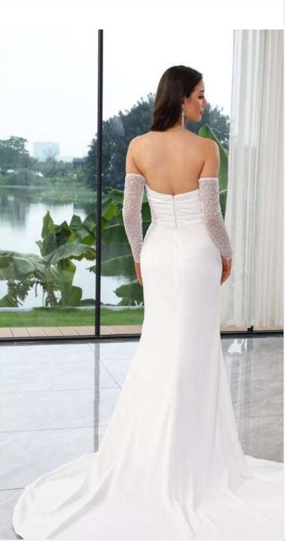 Elegant Fit & Flare Crepe Gown with Detachable sleeves