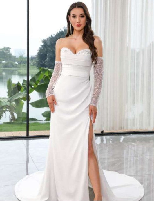 Elegant Fit & Flare Crepe Gown with Detachable sleeves