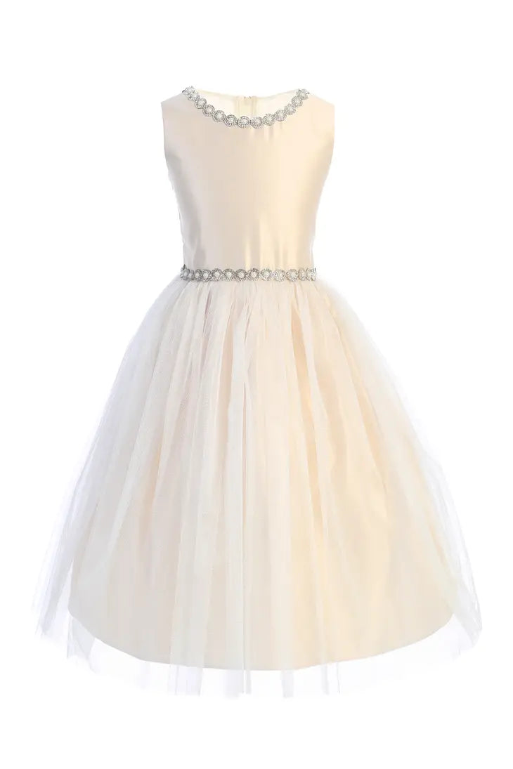 Jeweled Neckline Satin and Crystal Tulle Flower Girl Dress