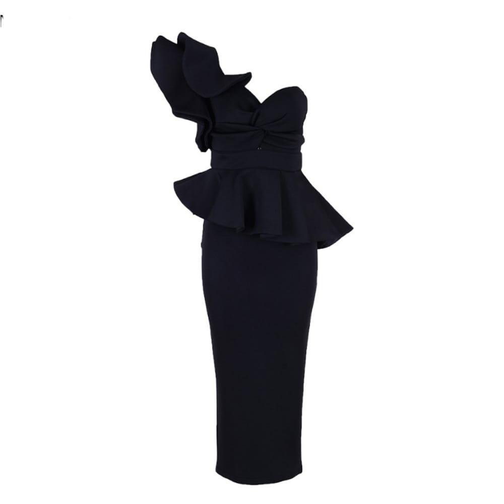 Solid Color Cool-Shoulder Ruffled Evening Dress