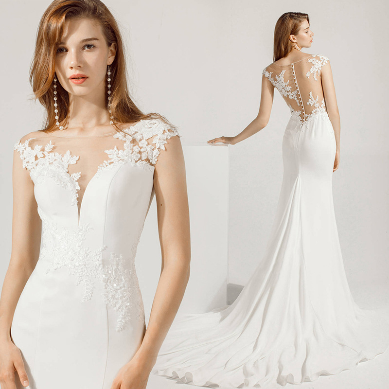 Romantic V-Neck Sheer Lace Top With Fishtail Train Wedding Gown