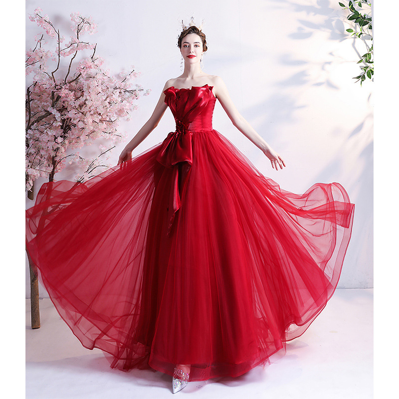 Deep Red Satin and Chiffon Evening Gown