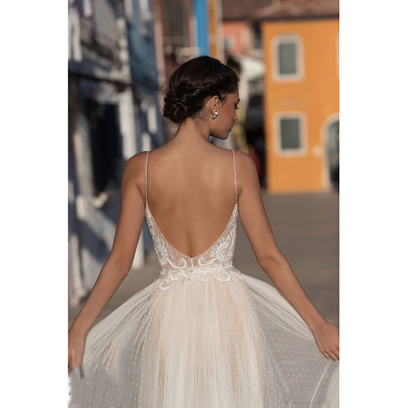 Modern Lace Backless V Neck Wedding Gown