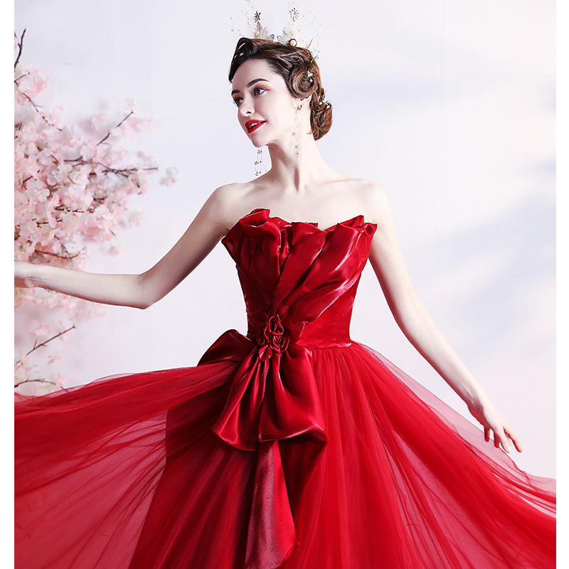 Deep Red Satin and Chiffon Evening Gown