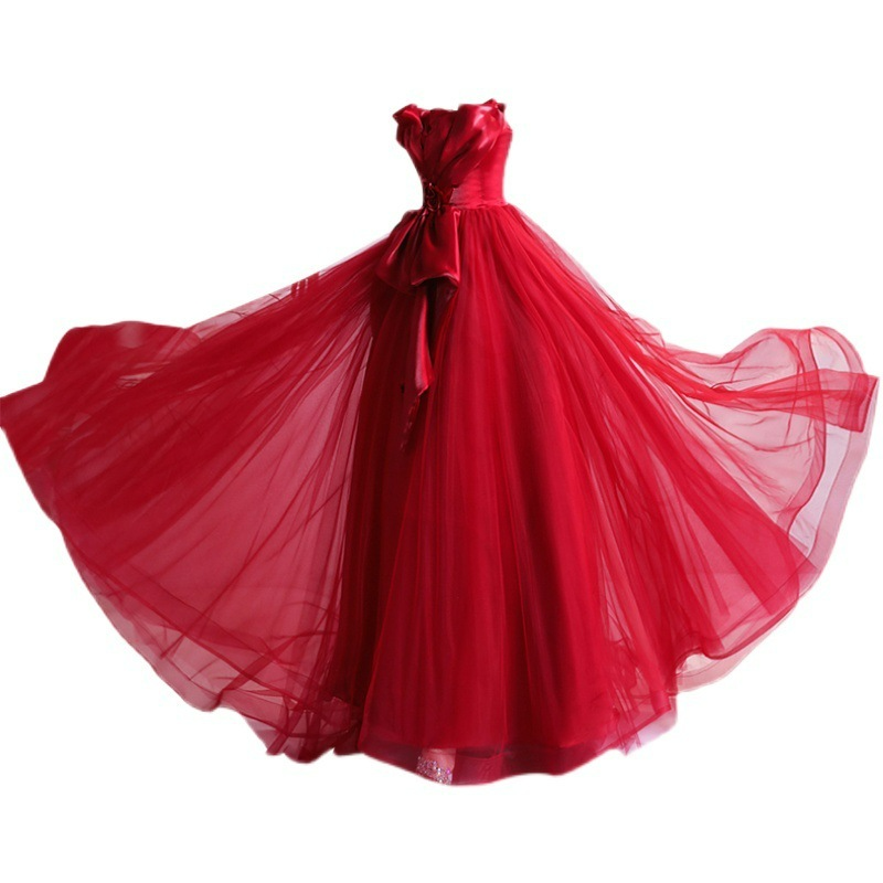 Deep Red Satin and Chiffon Evening Gown