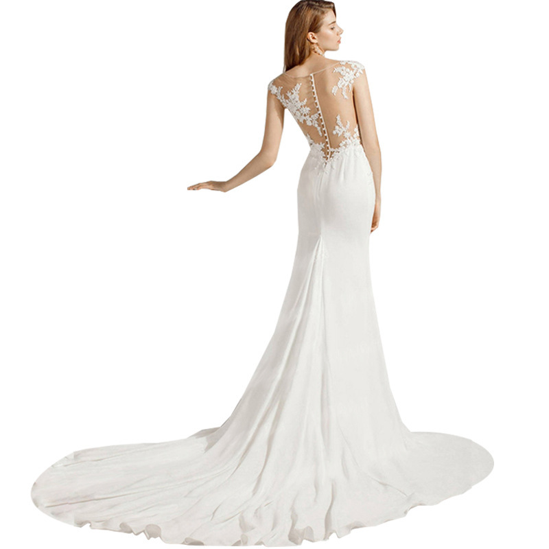 Romantic V-Neck Sheer Lace Top With Fishtail Train Wedding Gown